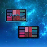 Eyeshadow palette with colorful shades including glitter, PXLook brand name visible, in black case