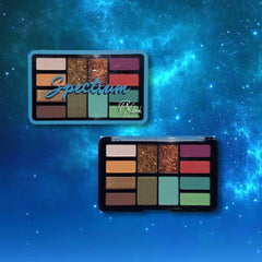 Eyeshadow palette with multiple colors, glitter, and Spectrum branding in a black case