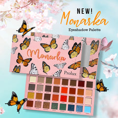 Eyeshadow palette with pink packaging, butterfly pattern, and Prolux brand name displayed