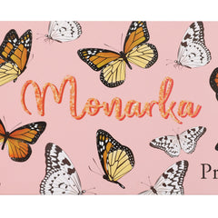 Butterfly pattern on pink background with "Monarka" text in orange glitter style