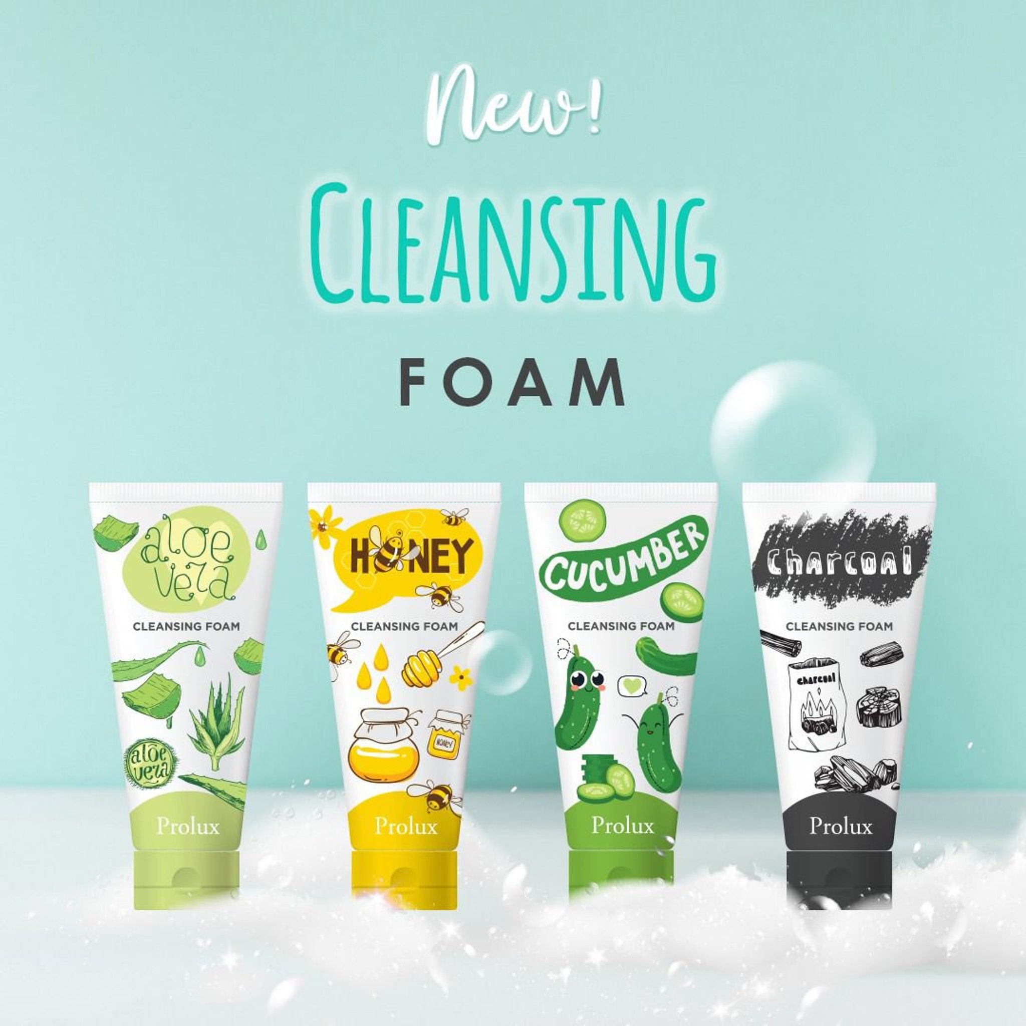 Facial cleanser tubes with aloe vera, honey, cucumber, and charcoal illustrations, Prolux brand name visible