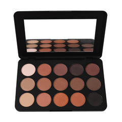 Eyeshadow palette with brown, nude, and black shades in a black compact with mirror