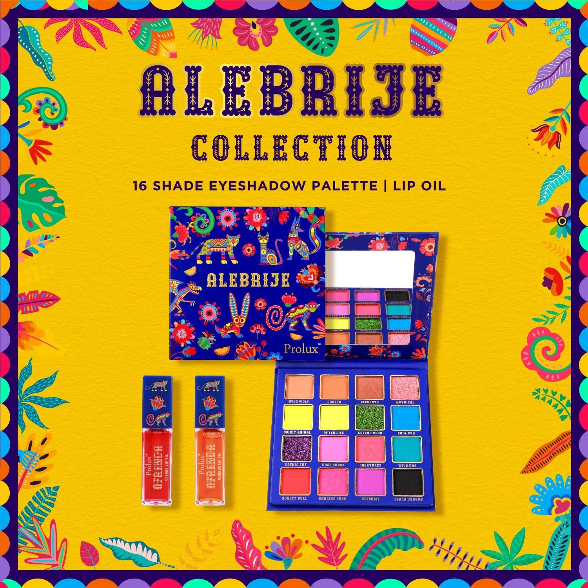 Eye makeup palette with blue and colorful design, Prolux Alebrije Collection, with lip oils in red and orange bottles