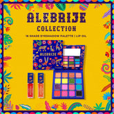 Eye makeup palette with blue and colorful design, Prolux Alebrije Collection, with lip oils in red and orange bottles