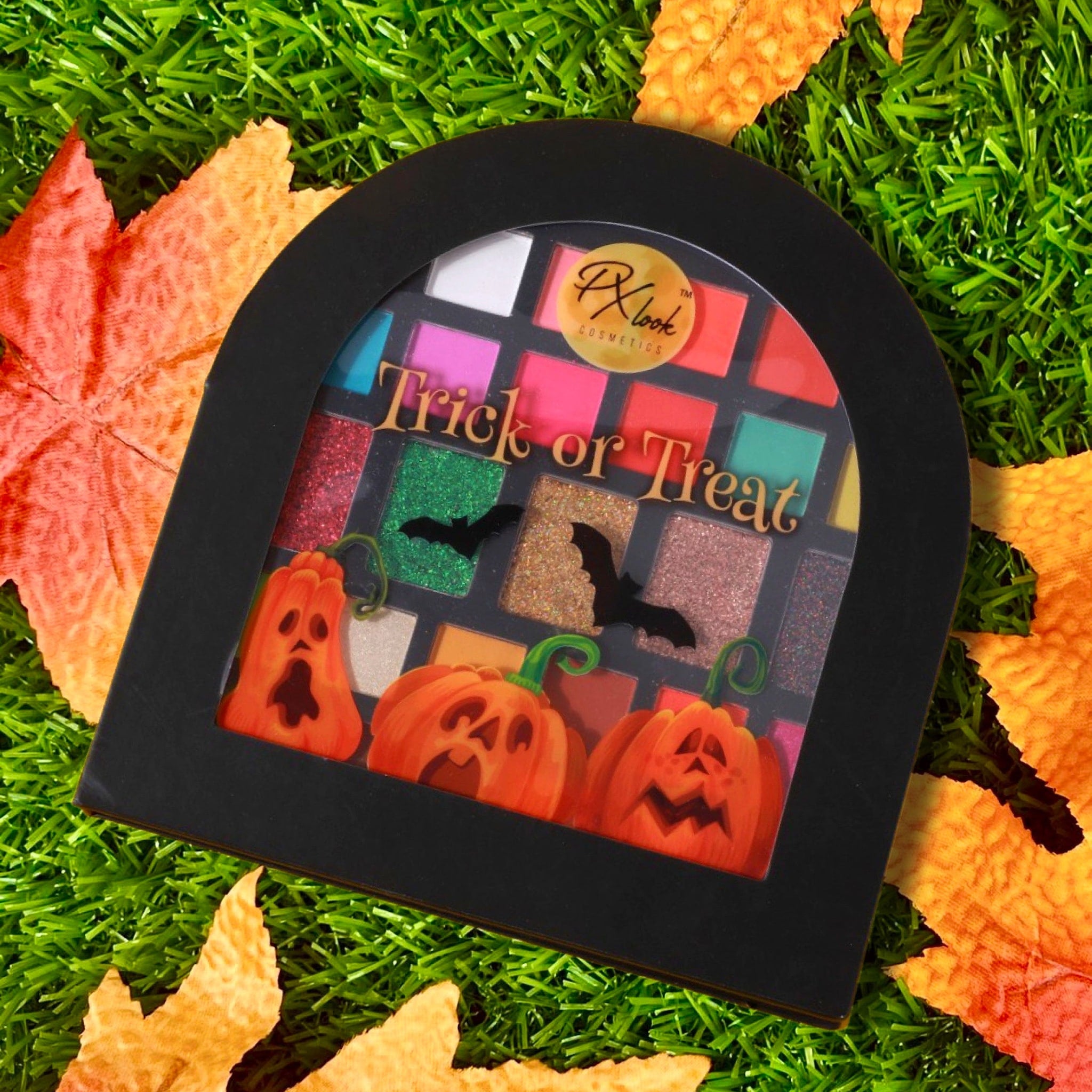 Eyeshadow palette with colorful shades, black frame, and Pxlook Cosmetics logo on a green background