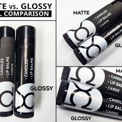 Lip balm tubes, black and white with matte and glossy finishes, for comparison.