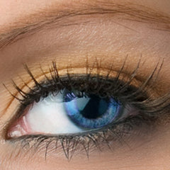 Eye makeup, close-up of eye with blue iris, long dark lashes, and peach eyeshadow applied