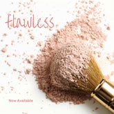 Face powder with pink powder, makeup brush, and Krave Cosmetics "Flawless" text