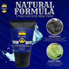 Face and beard wash tube with blue and black design, Oxylux brand, with charcoal and aloe vera illustrations