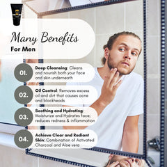 Face wash product with black tube, white text, and man touching face in mirror