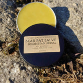 Bear fat salve with yellow balm, black lid, and Homestead Herbal label on rock surface