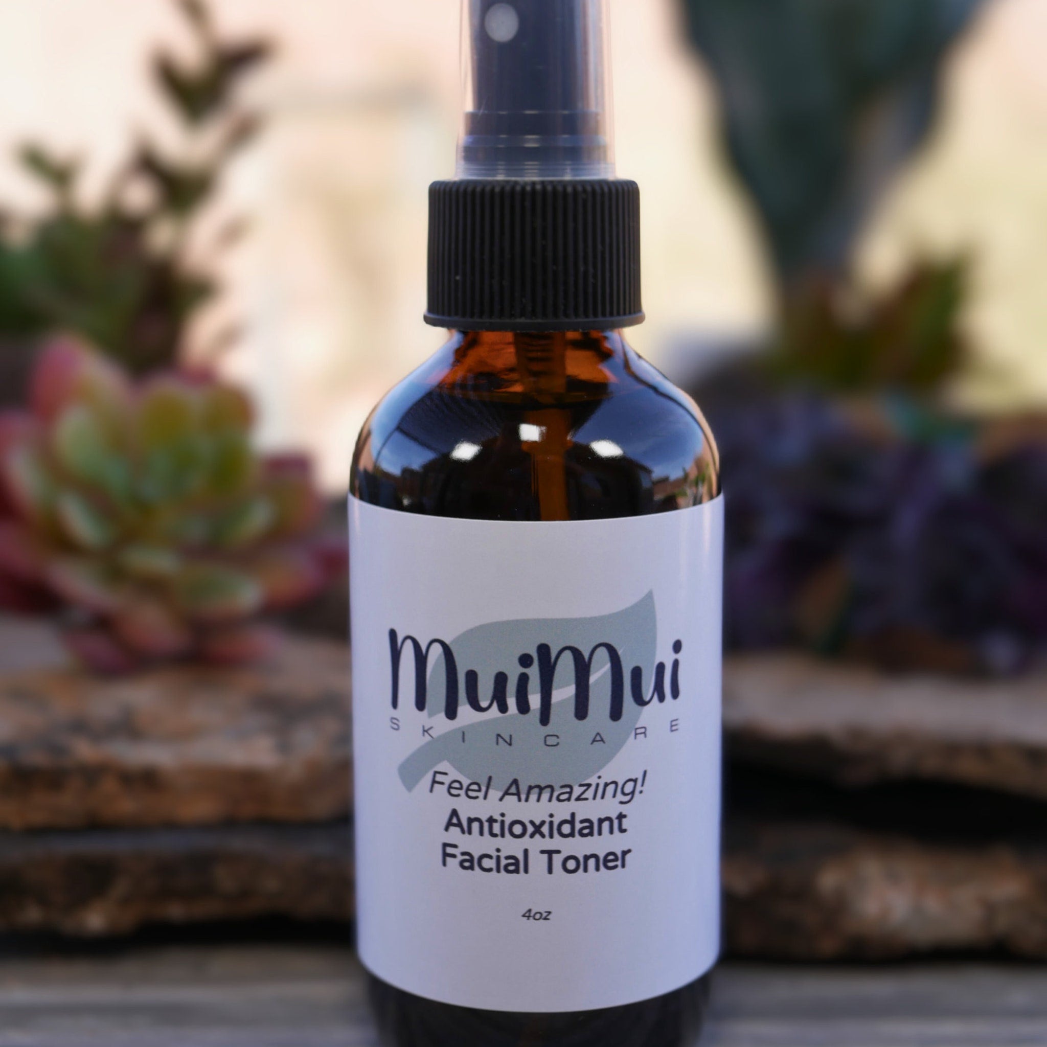 Facial toner bottle with brown glass, black cap, and white label with Mui Mui Skincare logo