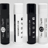 Lip balms with black and white tubes, Venus Complete branding, and social media icons
