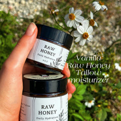 Nourishing moisturizer jar with black lid and white label, held in hand, Primal Princess OSC