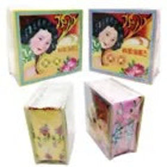 Boxes with woman illustration, multi-colored floral pattern, and rectangular shape design