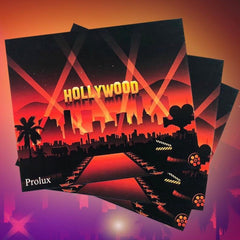 Hollywood themed artwork with red and black color scheme and Prolux logo visible on the corner