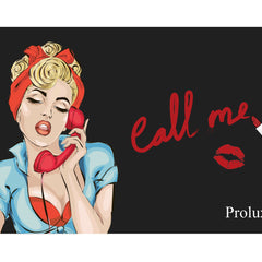 Pin-up girl illustration with red phone, red lipstick, and "call me" text on black background