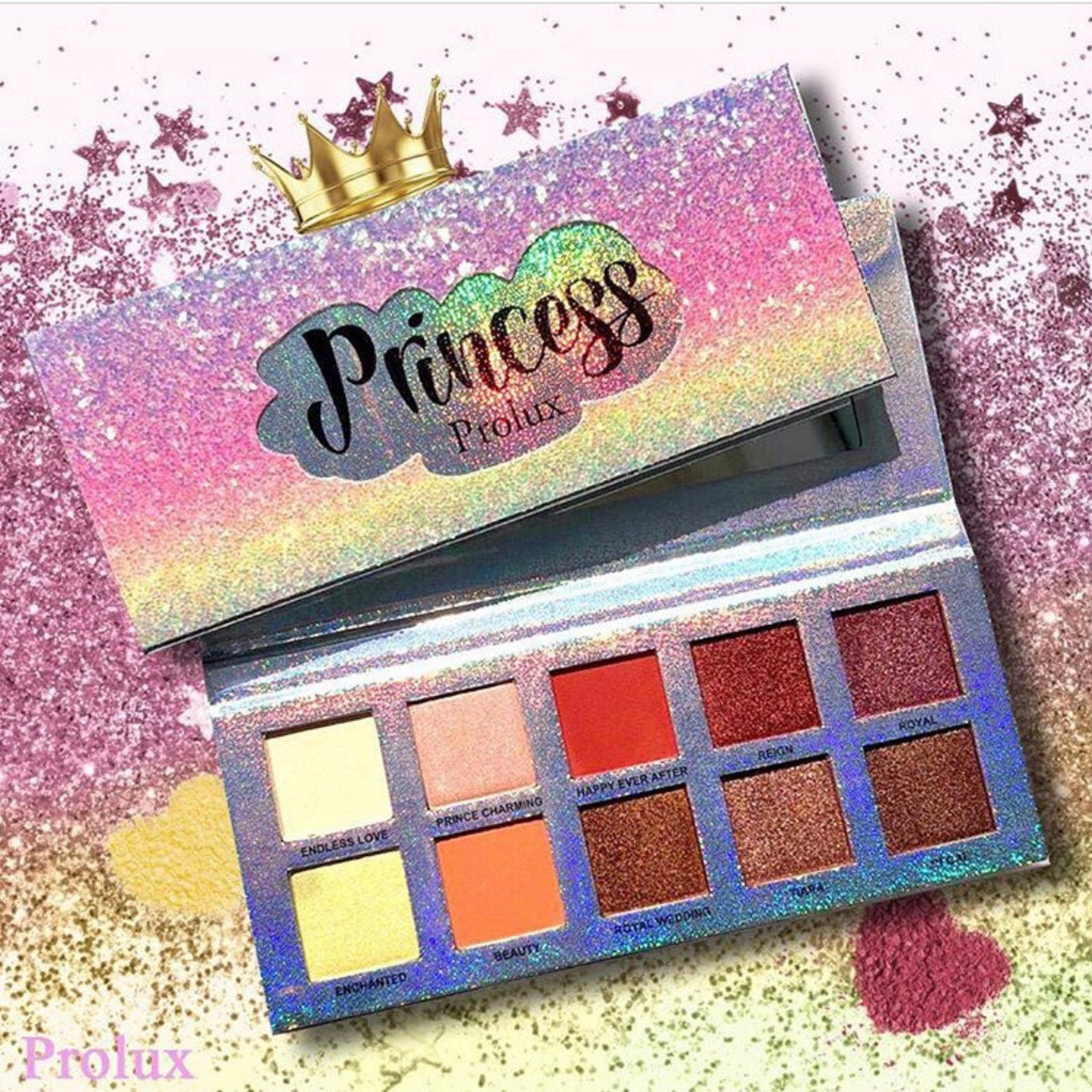 Eyeshadow palette with glittery holographic cover, Prolux brand name, and various eyeshadow colors