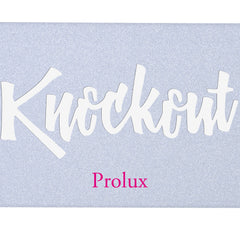Knockout text in white with pink Prolux text on a glittery light blue background