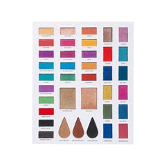 Eyeshadow palette with multiple colors including red, purple, and gold, in rectangular pans on white background