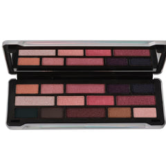 Eyeshadow palette with multiple shades of pink, brown, and purple in a black case with a mirror