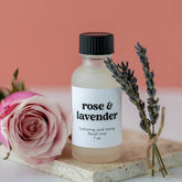 Facial toner mist bottle, frosted glass, black cap, Rose & Lavender label, Lolli and Pop Shoppe