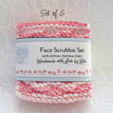 Face scrubbies, pink and white knitted cotton pads, "Face Scrubbie Set" label visible