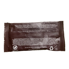 Make-up remover packet, dark brown rectangular packet with white text, for cleansing