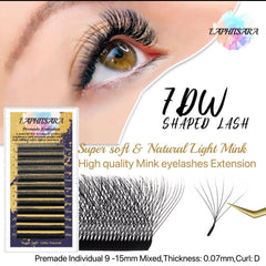 Premade eyelashes black mink lashes, 7D W-shaped style, LAPHITSARA brand shown on eye