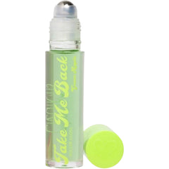 Roller gloss with green liquid, clear cap, and neon green lid with heart detail