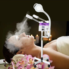Close-up of sleek white facial steamer with glowing blue LED lights and mist nozzle for spa-like skincare