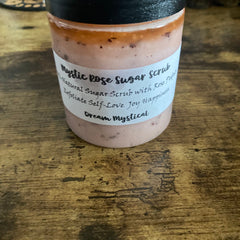 Body scrub jar with rose petals, pink and brown, Mystic label on jar