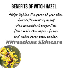 Witch hazel benefits text on white background, black and grey text, yellow flower graphic, KKreations Skincare brand