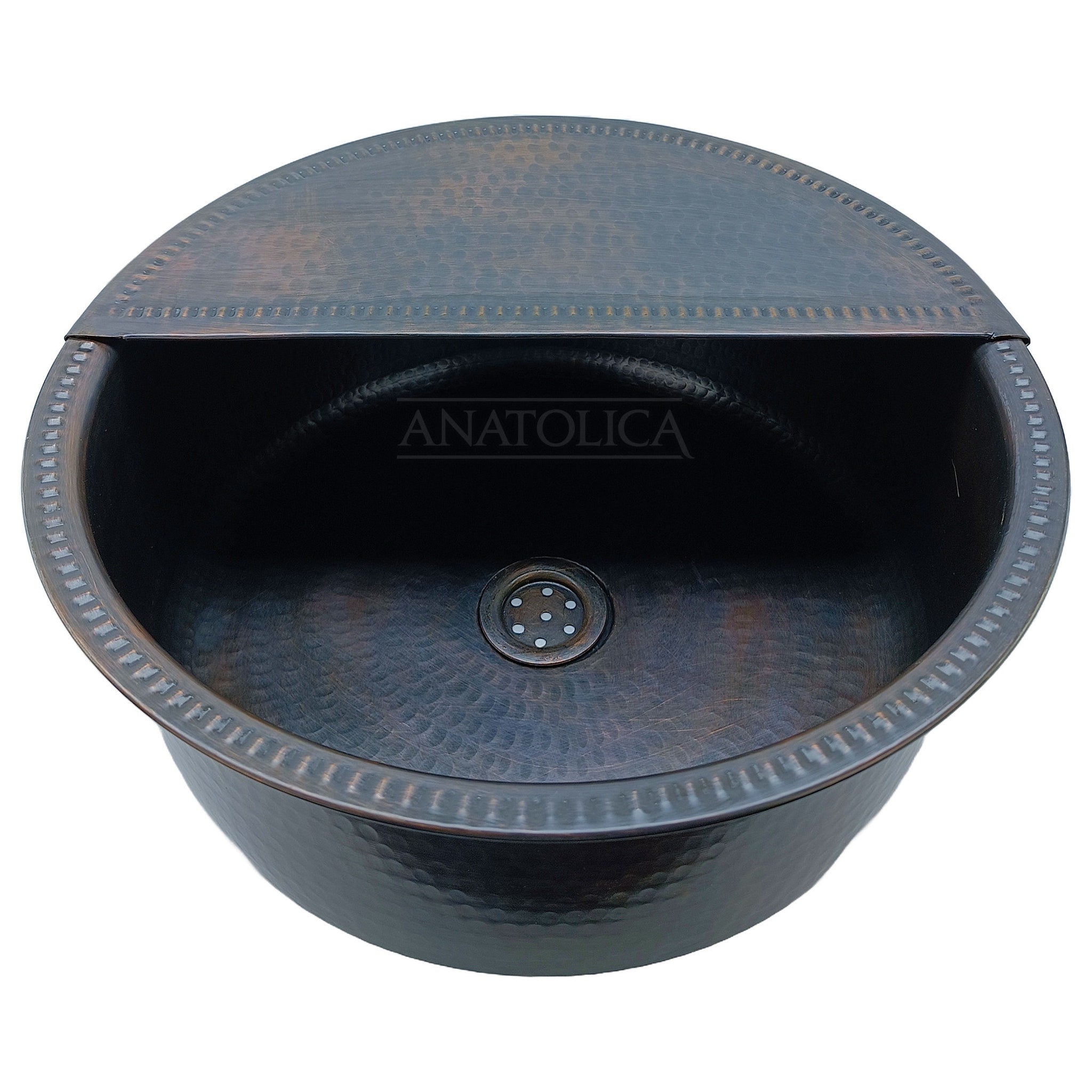 Pedicure bowl, aged copper finish, hammered pattern, Anatolica brand visible