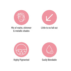 Pink circles with white outline icons and text, showing product features like blendability and pigmentation