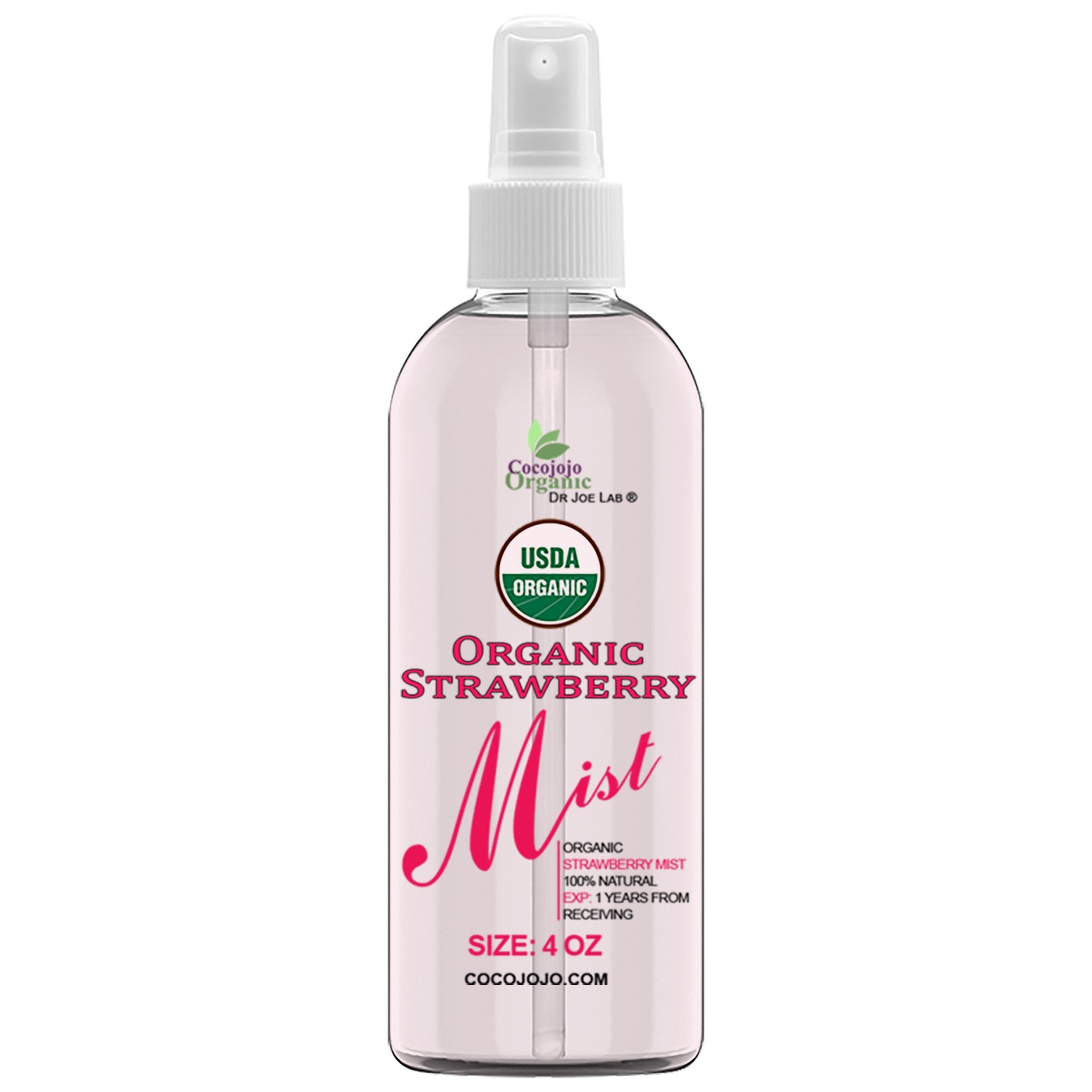Facial toner mist bottle, clear plastic with white spray top, Coco Jojos Organic Strawberry label