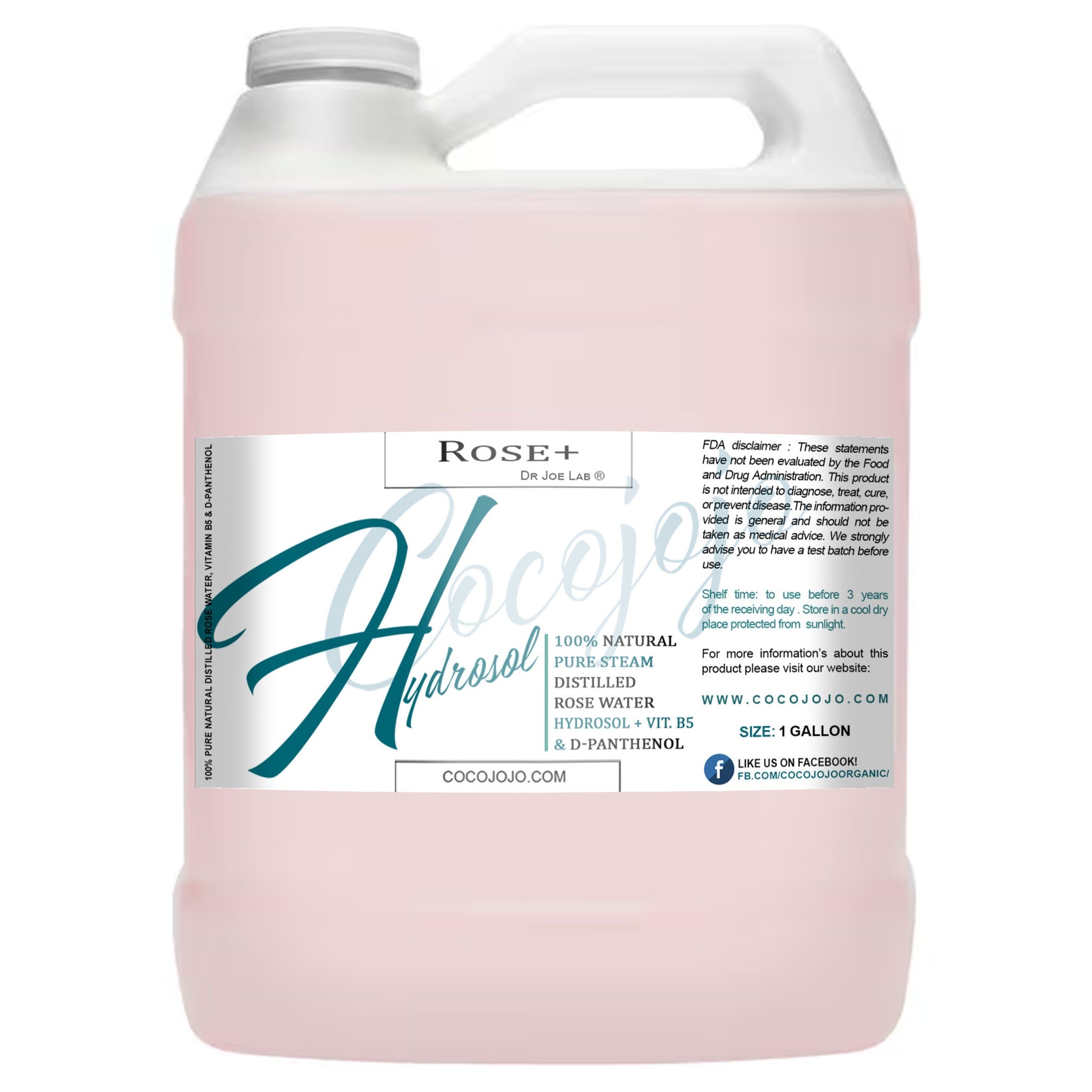 Facial Cleanser Rose Water, pink liquid in white plastic jug, Cocojojo brand label