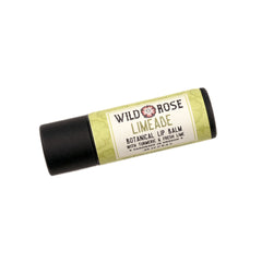 Lip balm tube with green and white label, black base, and Wild Rose Limeade text