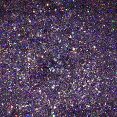 Close-up of holographic lavender glitter eyeshadow with shimmering purple and silver sparkles in compact pan