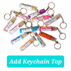 Lip balm tubes with various colors and flavors, each with a keychain ring, branded Saucy Face