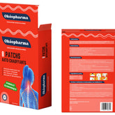Baby health product box, red and white, with Okéopharma text, for muscle pain relief