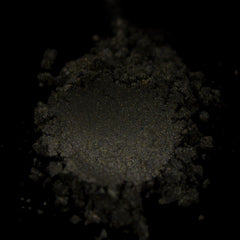 Side view of vegan taupe shimmer eye shadow compact showing pressed pigment texture and cool neutral tone