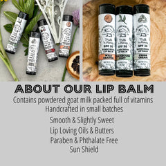 Lip balm tubes with white labels, black text, and One Blessed Acre Farm branding, SPF 30 sunscreen