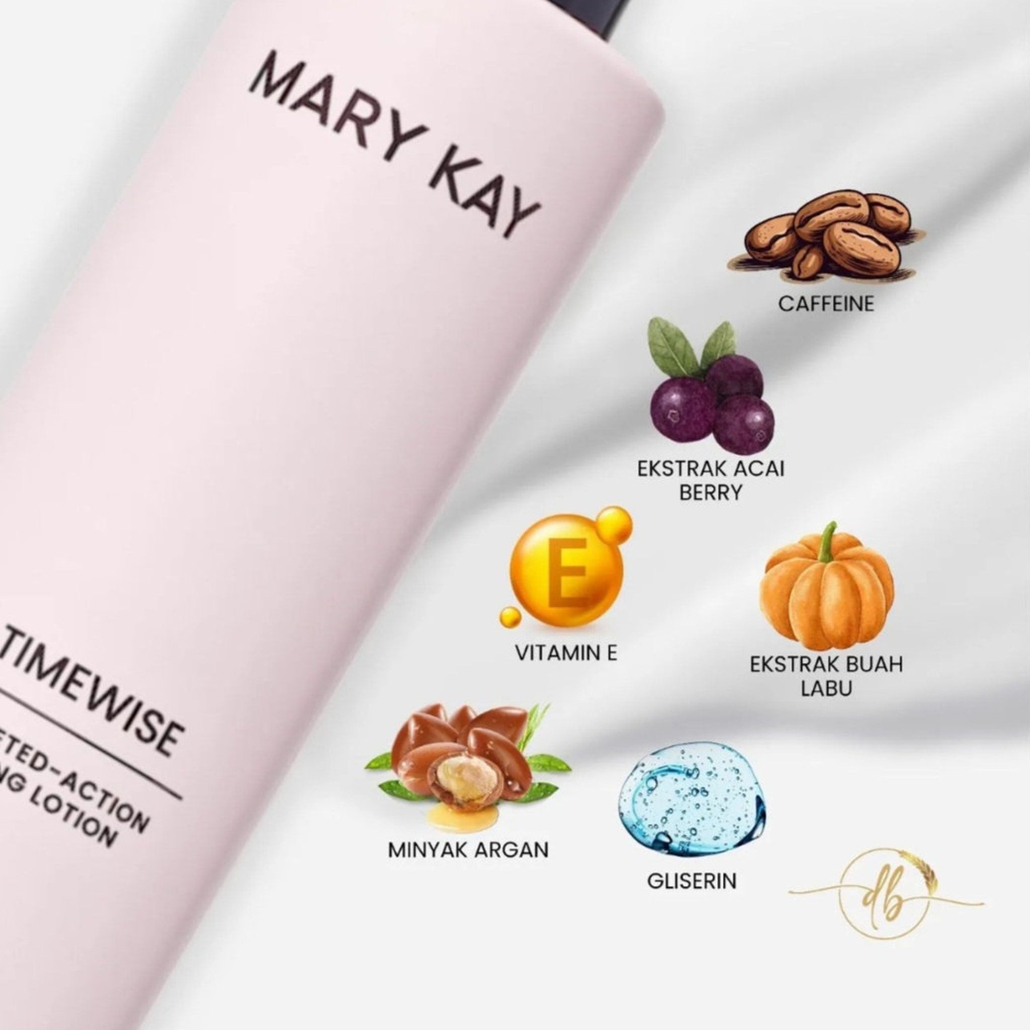 Toner lotion bottle, pink and black, with Mary Kay branding and ingredients shown