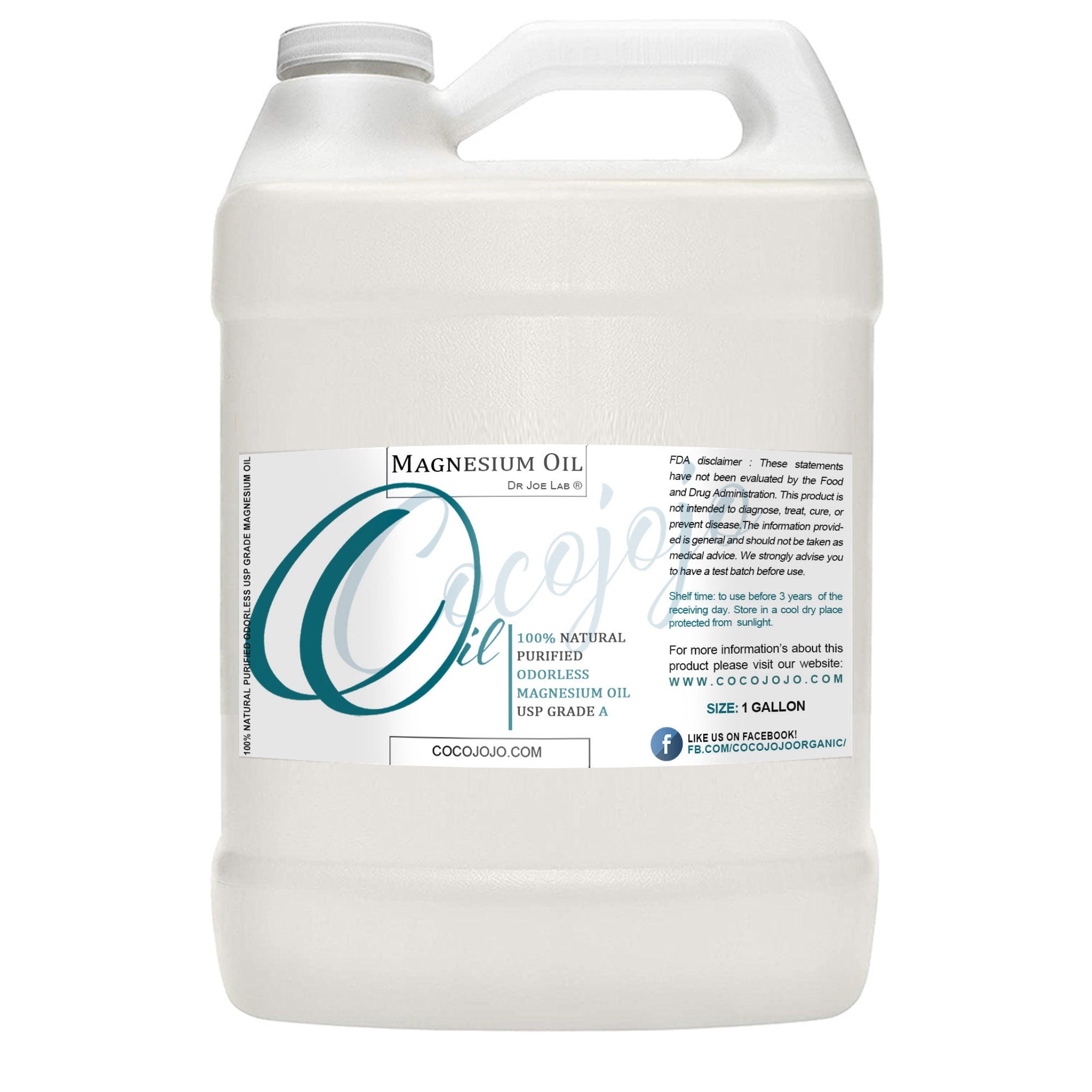 Magnesium oil gallon jug, white plastic container, Cocojojo branding visible