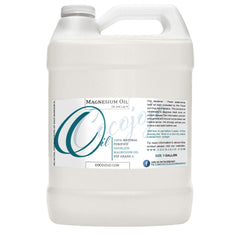 Magnesium oil gallon jug, white plastic container, Cocojojo branding visible