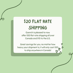 Shipping promotion graphic with green background, white text box, and Quench brand text, offering $20 flat rate shipping