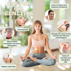 Castor oil benefits image with text, woman in pink top and gray pants, health and wellness concepts
