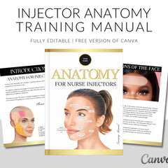 Close-up of a glossy training manual with detailed facial anatomy diagrams for Botox and dermal filler procedures
