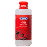 Rose water toner bottle with red label, floral design, and Top Op brand